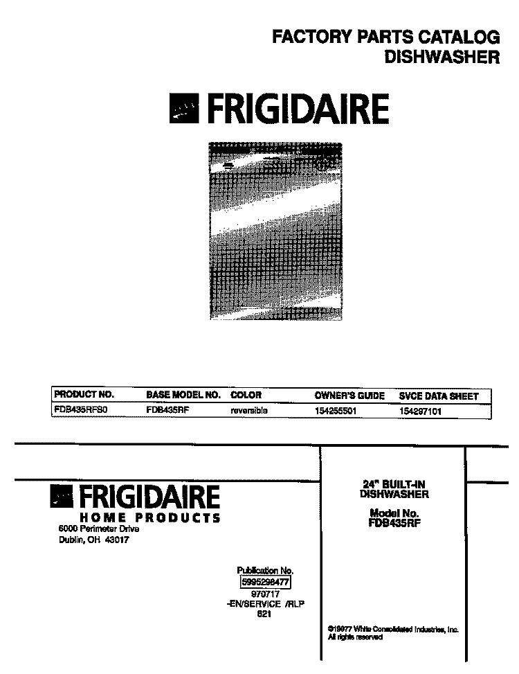 COVER Diagram and Parts List for FDB435RFS0  Frigidaire Dishwasher
