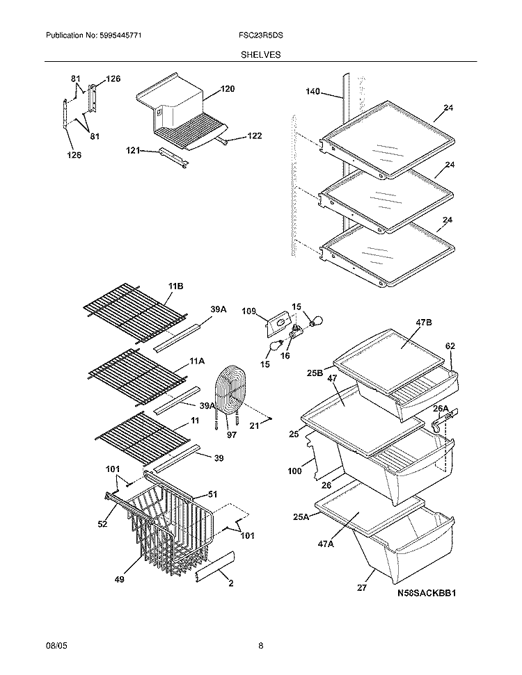 SHELVES Diagram and Parts List for FSC23R5DSB9  Frigidaire Refrigerator