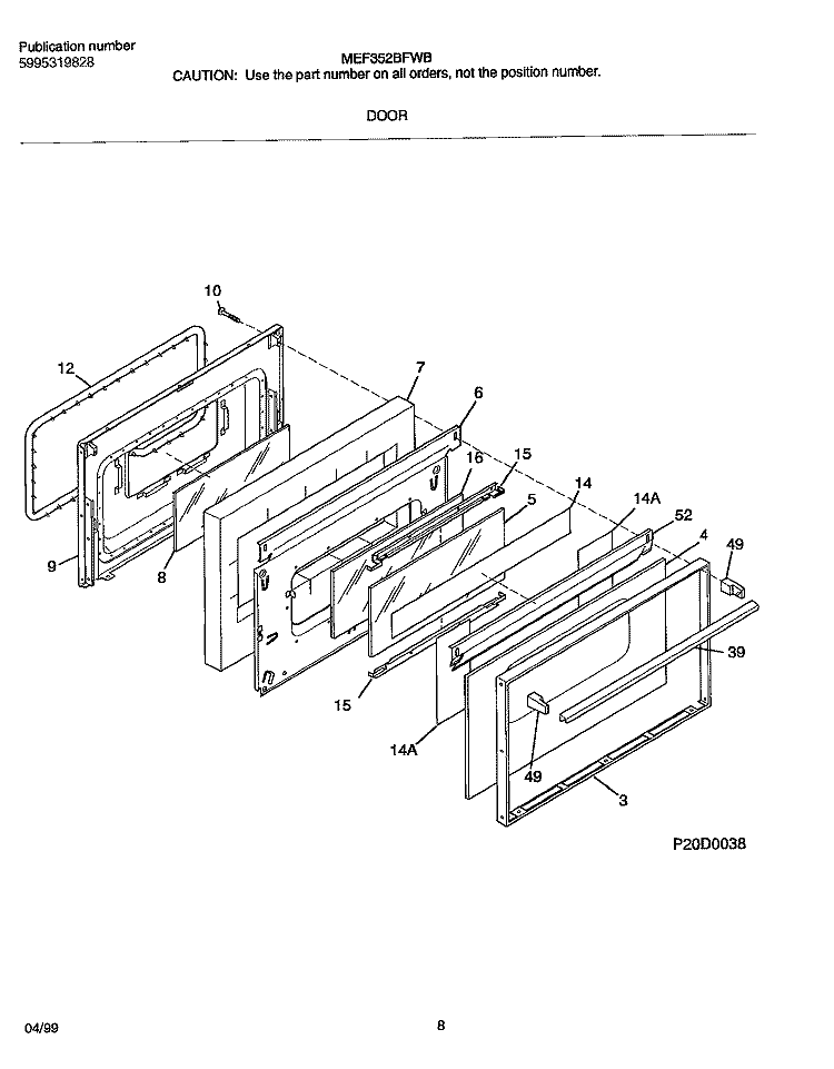 DOOR Diagram and Parts List for MEF352BFWB  Frigidaire Range