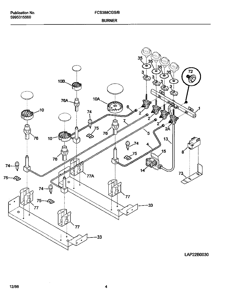 BURNER Diagram and Parts List for FCS388CGBC  Frigidaire Range