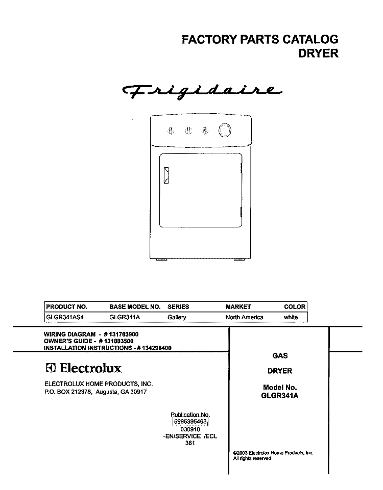 COVER Diagram and Parts List for GLGR341AS4  Frigidaire Dryer