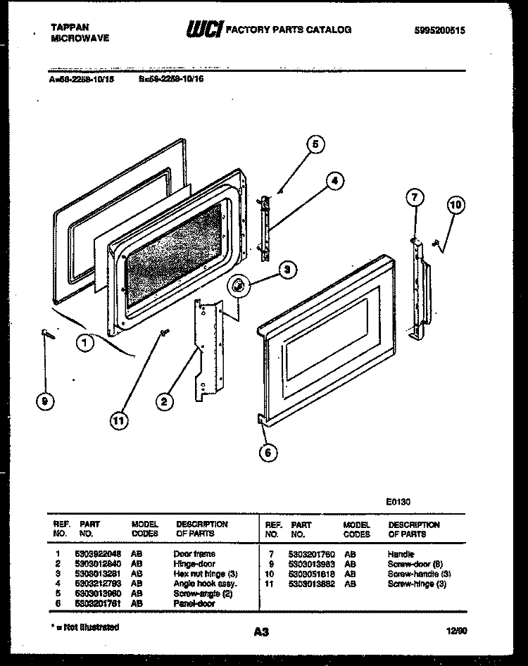 DOOR PARTS Diagram and Parts List for 56-2258-10-15  Tappan Microwave