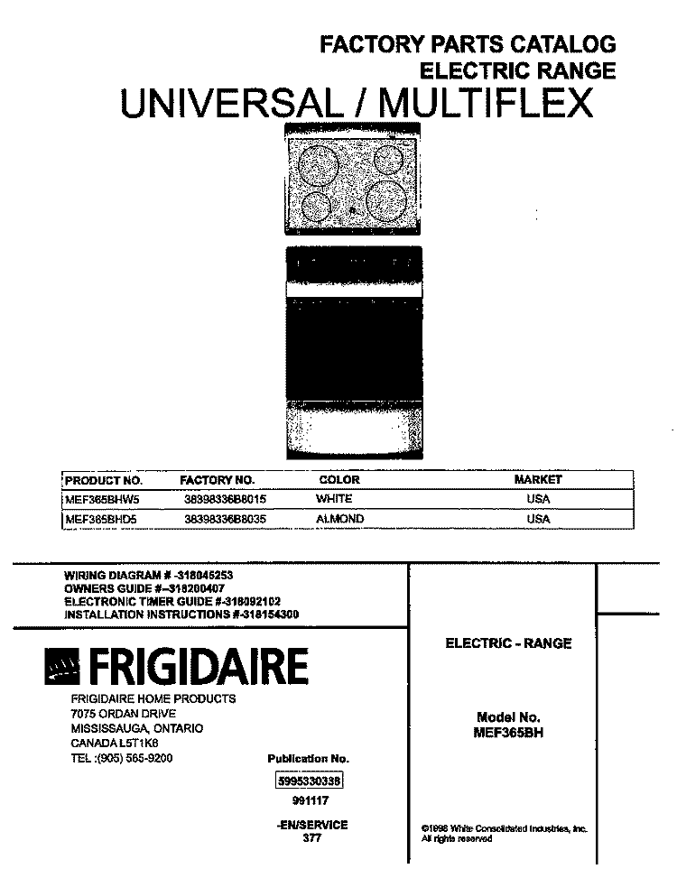 COVER Diagram and Parts List for MEF365BHD5  Frigidaire Wall Oven