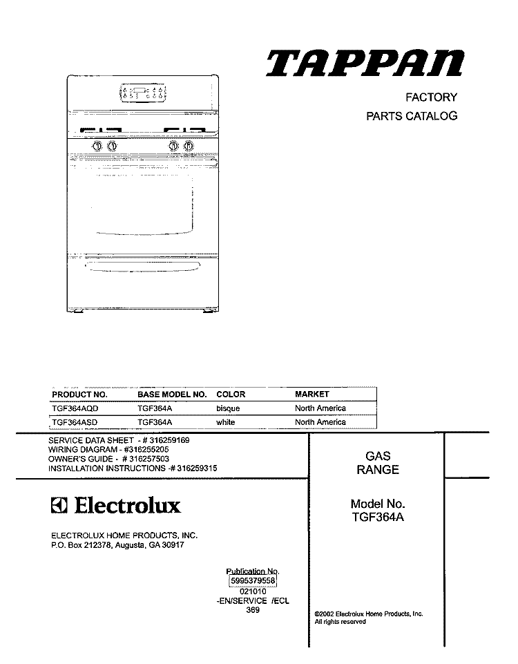 COVER Diagram and Parts List for TGF364ASD  Tappan Range
