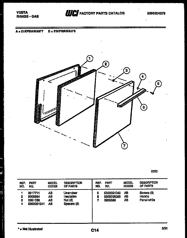 DOOR PARTS Diagram and Parts List for 21KPMAWAN7-32  Tappan Range