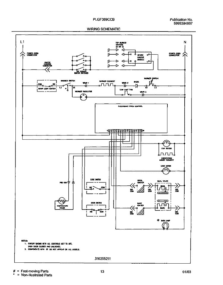 WIRING SCHEMATIC Diagram and Parts List for PLGF389CCB  Frigidaire Range