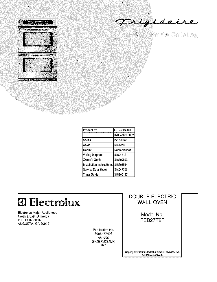 COVER Diagram and Parts List for FEB27T6FCB  Frigidaire Wall Oven