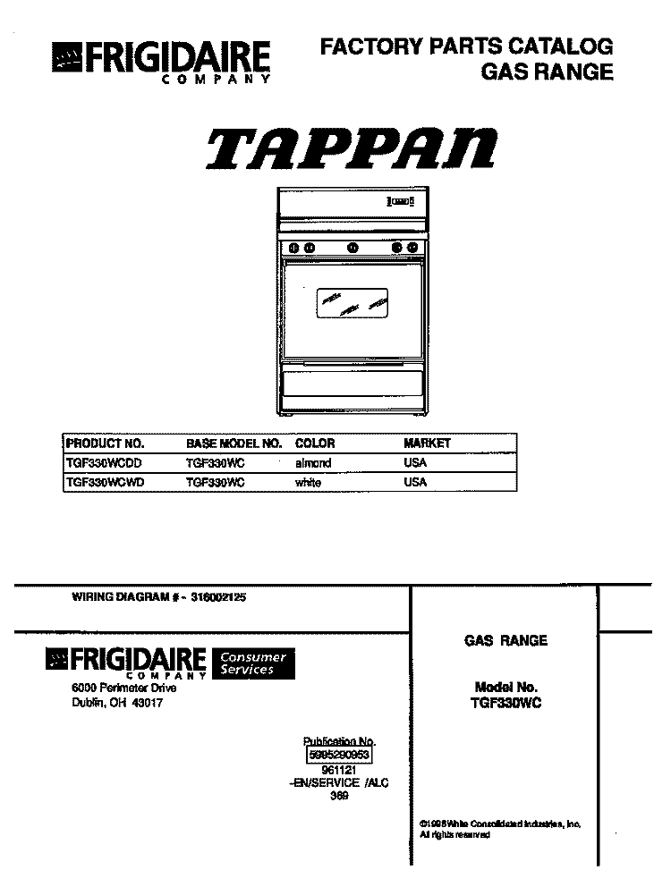 COVER Diagram and Parts List for TGF330WCWD  Tappan Range