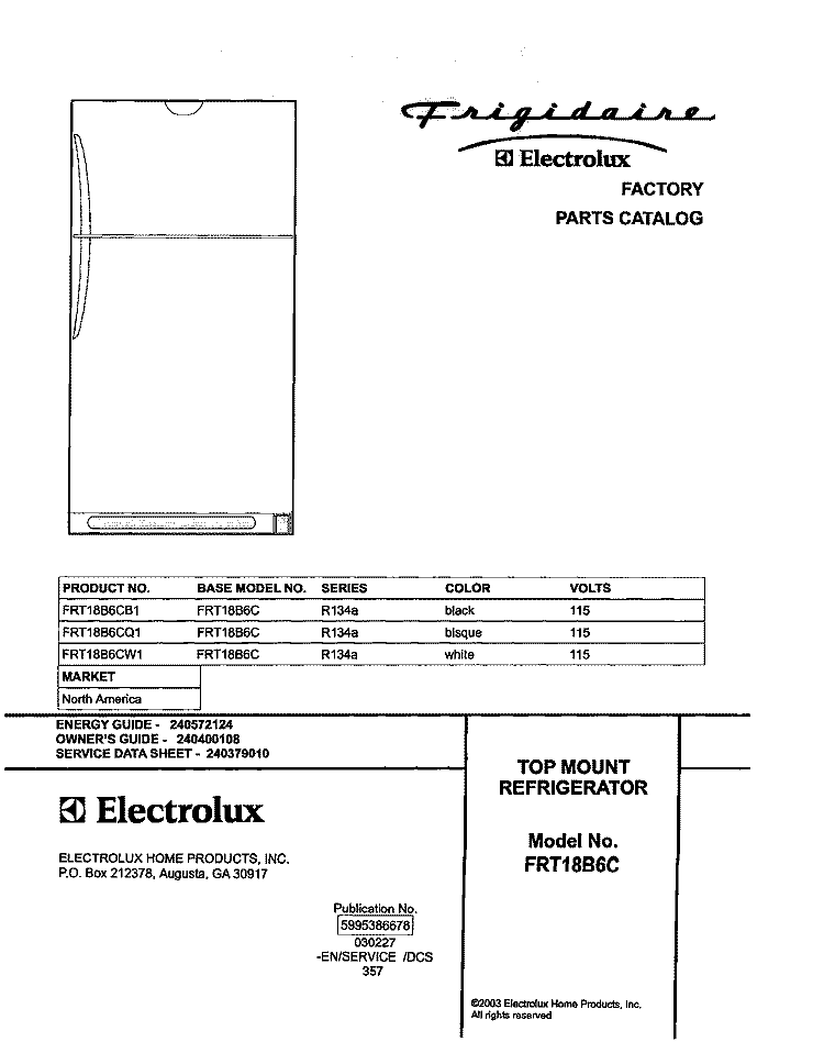 COVER Diagram and Parts List for FRT18B6CQ1  Frigidaire Refrigerator