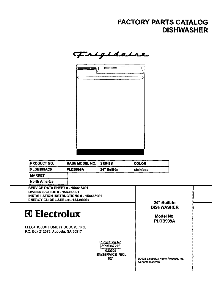 COVER Diagram and Parts List for PLDB999AC0  Frigidaire Dishwasher