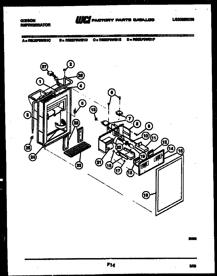 ICE DOOR, DISPENSER AND WATER TANK Diagram and Parts List for RS22F9WS1F  Gibson Refrigerator