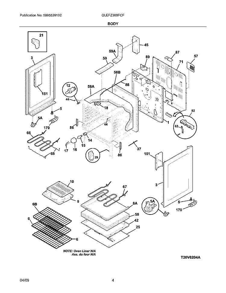 BODY Diagram and Parts List for GLEFZ369FCF  Frigidaire Range