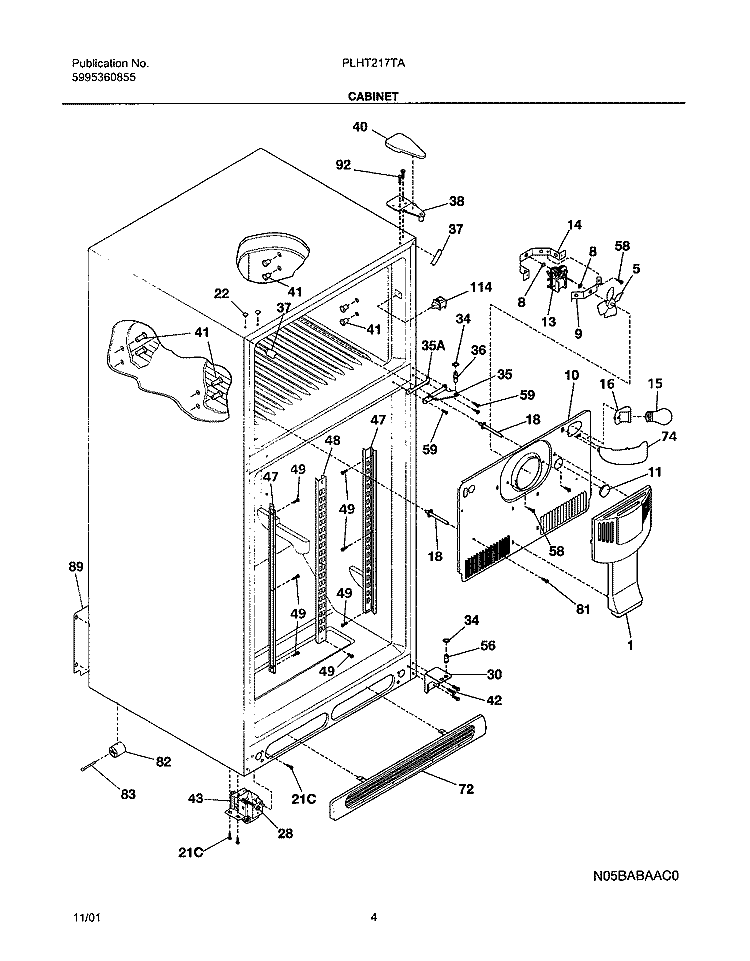 CABINET Diagram and Parts List for PLHT217TAB1  Frigidaire Refrigerator
