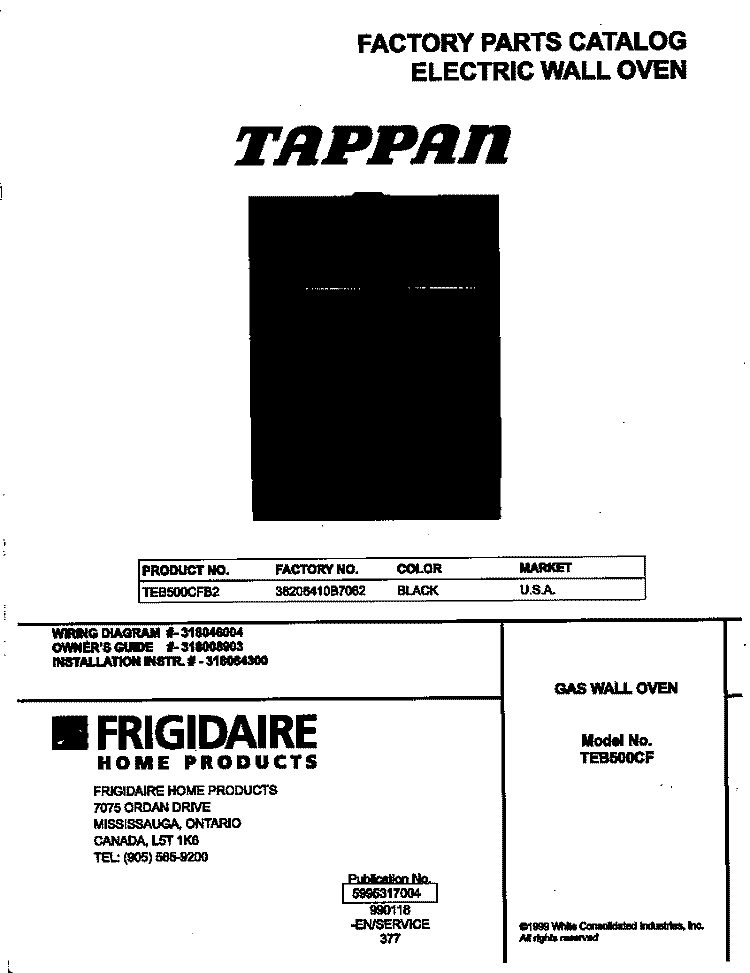 COVER Diagram and Parts List for FEB500CFB2  Frigidaire Wall Oven