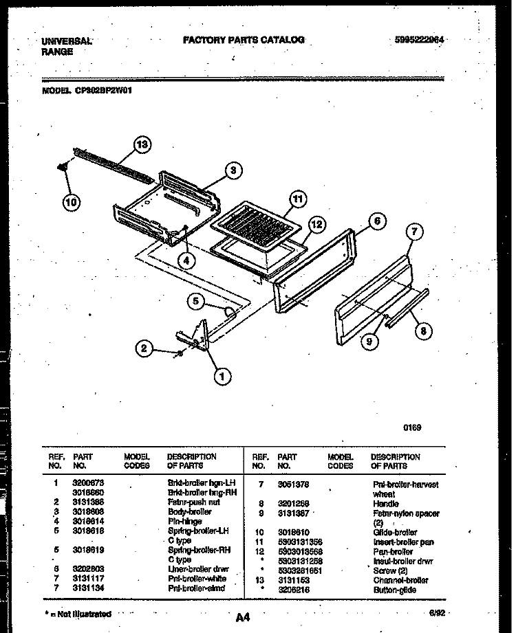 BROILER DRAWER PARTS Diagram and Parts List for CP302BP2WY01  Uni Range
