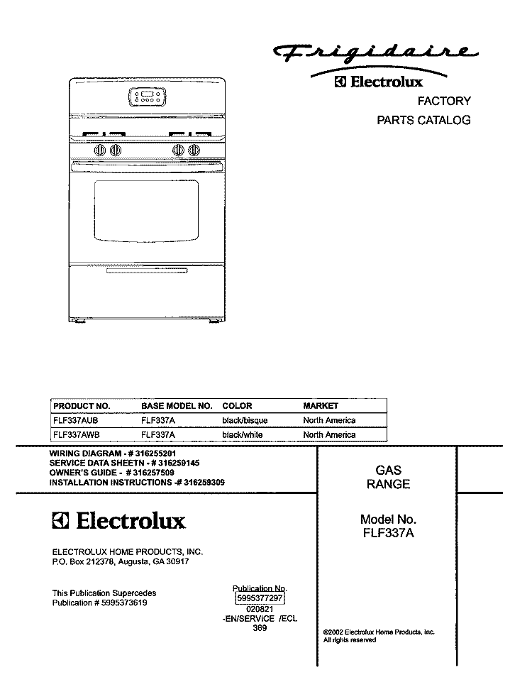 COVER Diagram and Parts List for FLF337AWB  Frigidaire Range