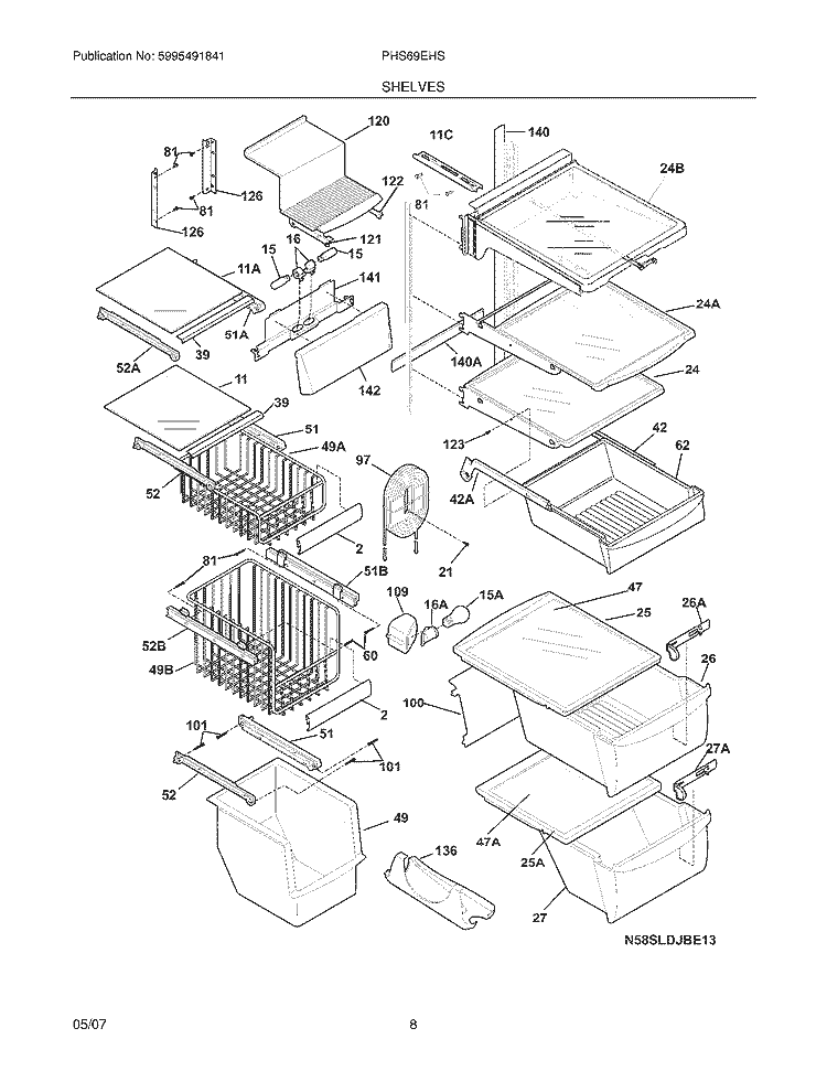 SHELVES Diagram and Parts List for PHS69EHSS1  Frigidaire Refrigerator