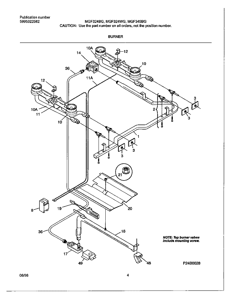 BURNER Diagram and Parts List for MGF324BGDF  Frigidaire Range