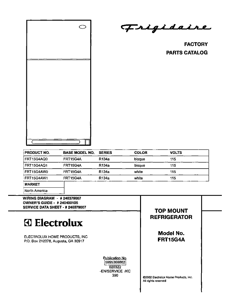 COVER Diagram and Parts List for FRT15G4AW0  Frigidaire Refrigerator