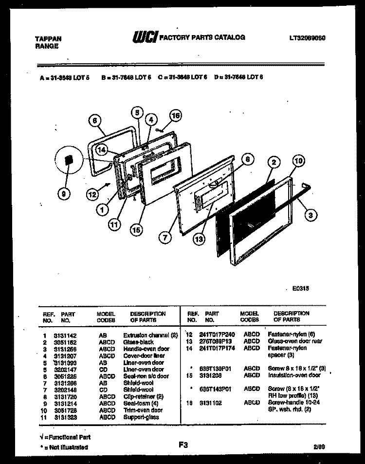 DOOR PARTS Diagram and Parts List for 31-3648-23-05  Tappan Range