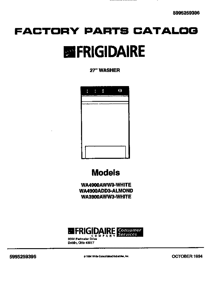 WASHER, 27`` Diagram and Parts List for WA3900AWW3  Frigidaire Washer