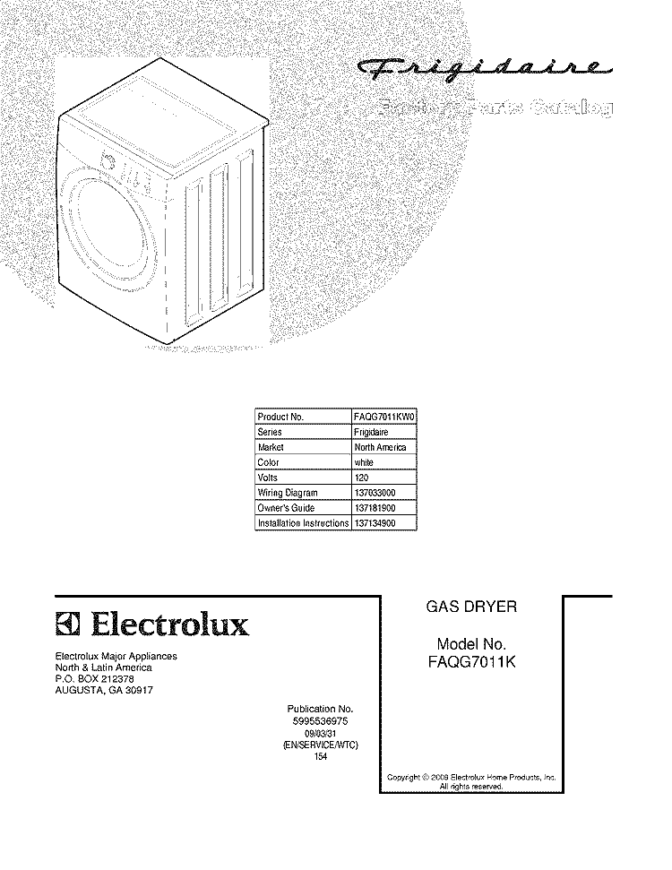 COVER Diagram and Parts List for FAQG7011KW0  Frigidaire Dryer