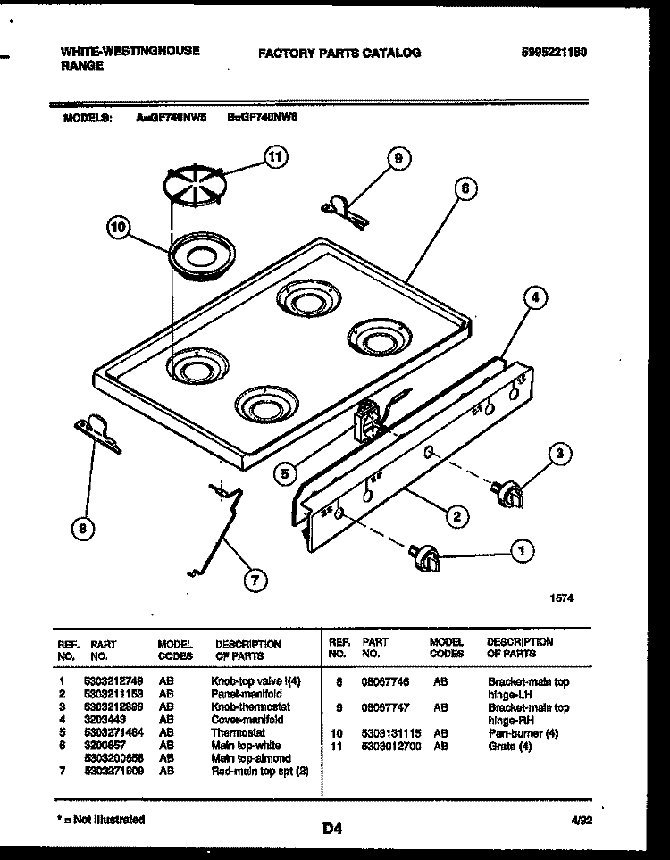 COOKTOP PARTS Diagram and Parts List for GF740ND5  Frigidaire Range