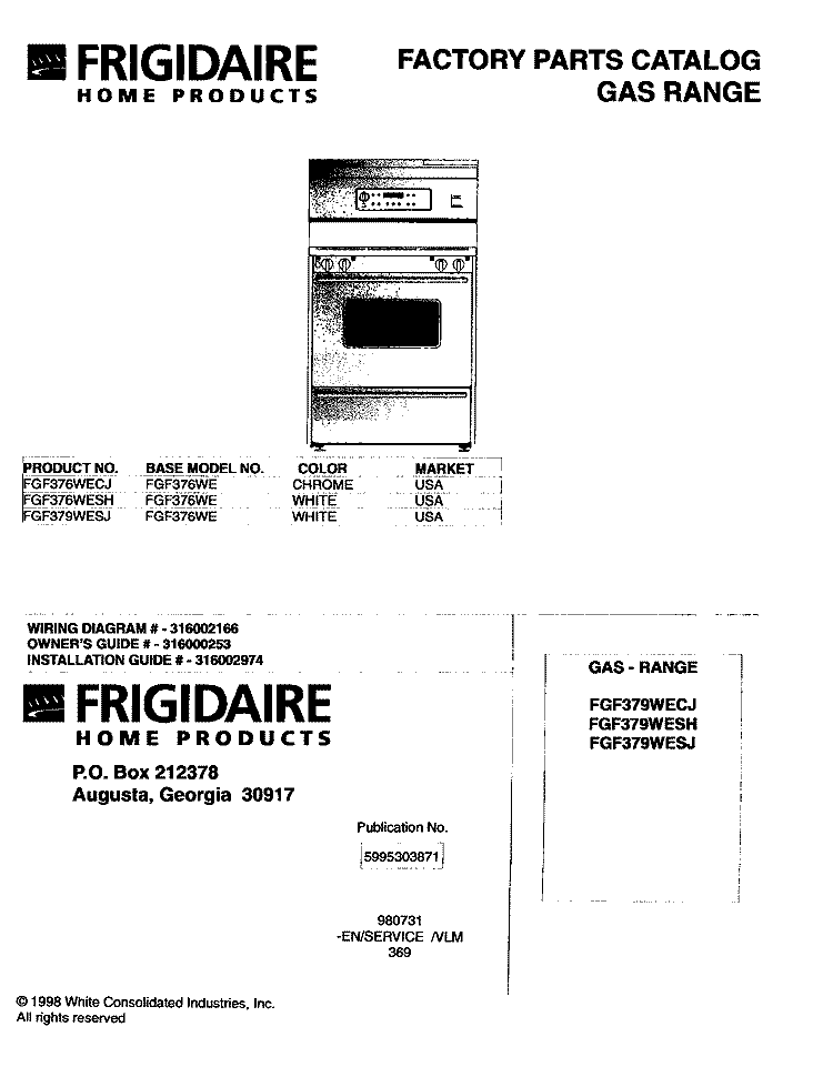 COVER Diagram and Parts List for FGF376WESH  Frigidaire Range