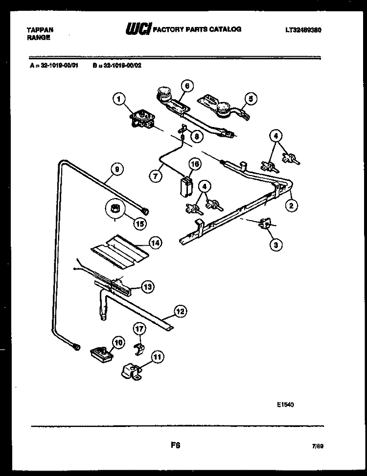 BURNER PARTS Diagram and Parts List for 32-1019-00-01  Tappan Range