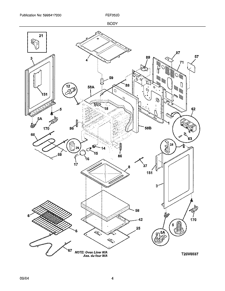BODY Diagram and Parts List for FEF352DUA  Frigidaire Range