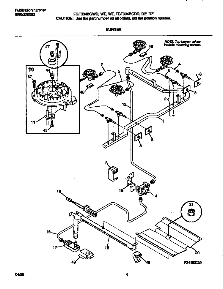 BURNER Diagram and Parts List for FGF334BGWE  Frigidaire Range
