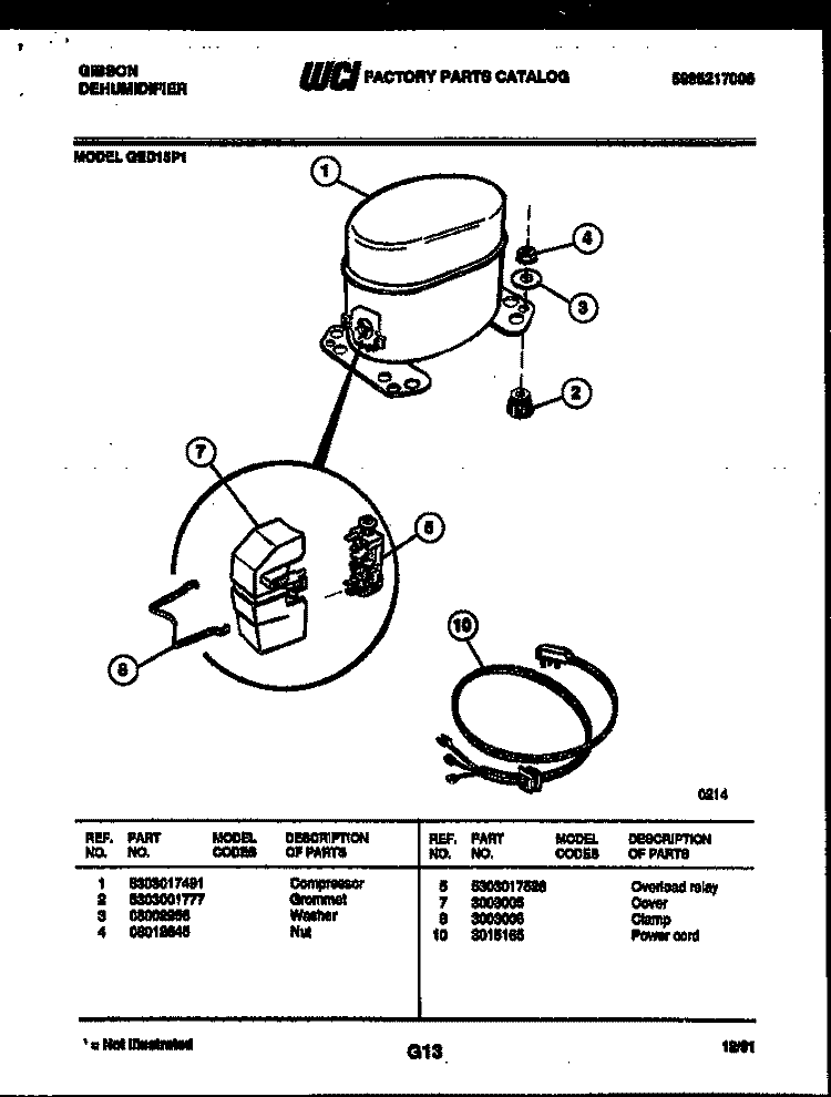 COMPRESSOR PARTS Diagram and Parts List for GED15P1  Gibson Dehumidifier