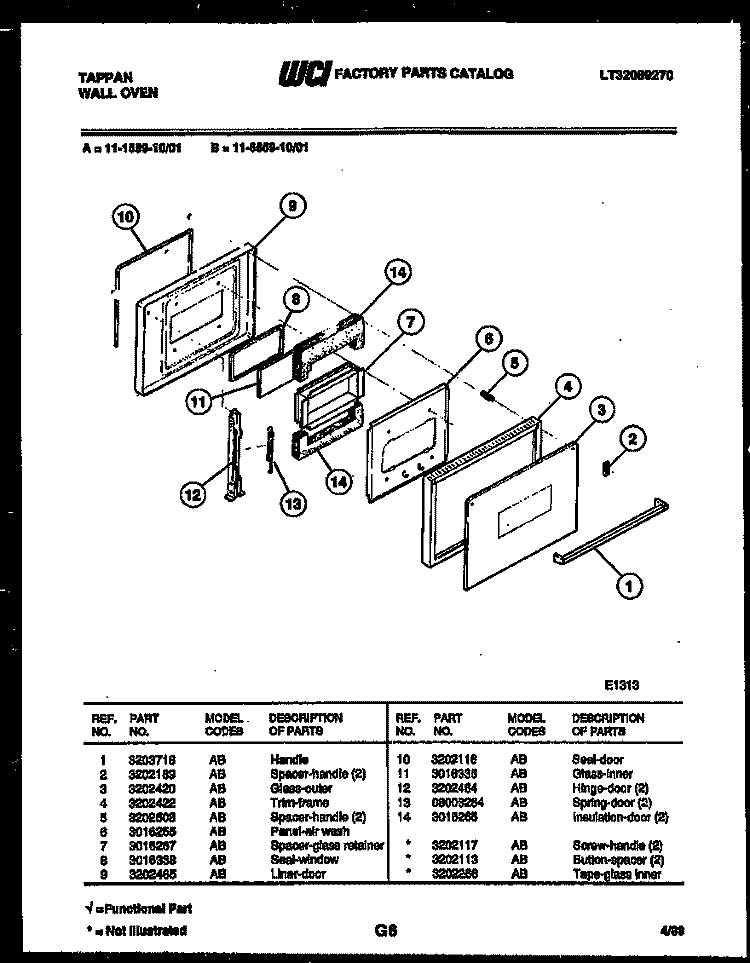 DOOR PARTS Diagram and Parts List for 11-6559-00-01  Tappan Wall Oven