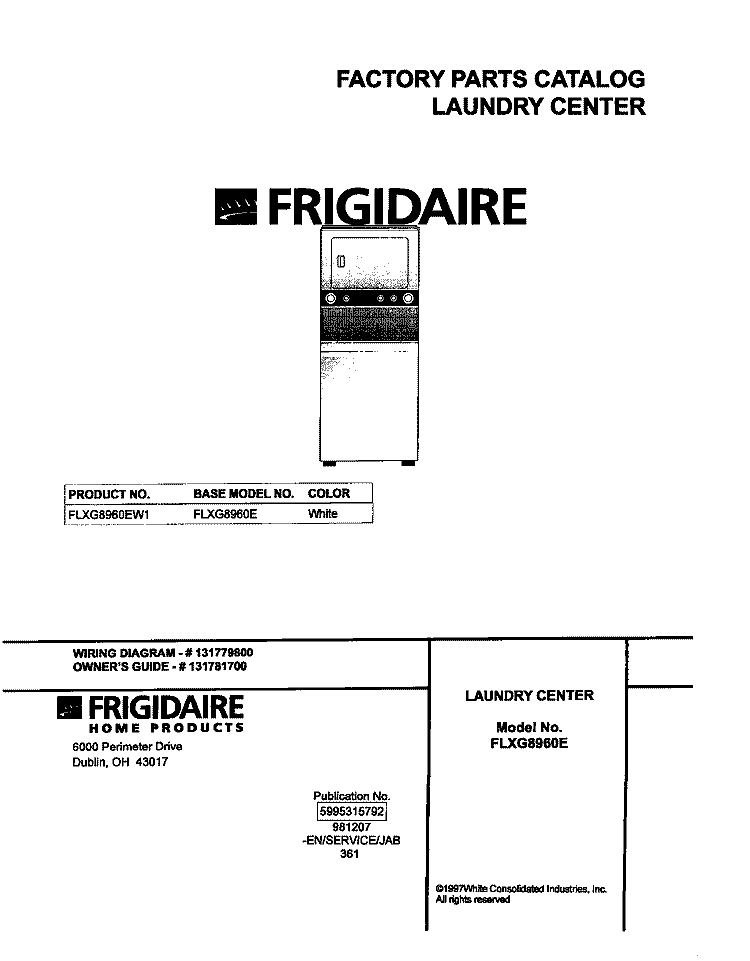 COVER Diagram and Parts List for FLXG8960EW1  Frigidaire Washer Dryer Combo
