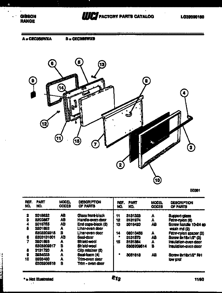 DOOR PARTS Diagram and Parts List for CEC3S5WXA  Gibson Range