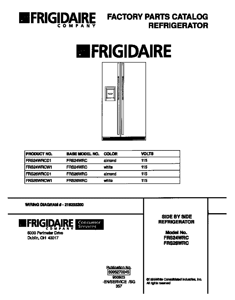 COVER Diagram and Parts List for FRS26WRCD1  Frigidaire Refrigerator