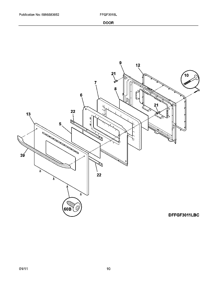 DOOR Diagram and Parts List for FFGF3015LBD  Frigidaire Range
