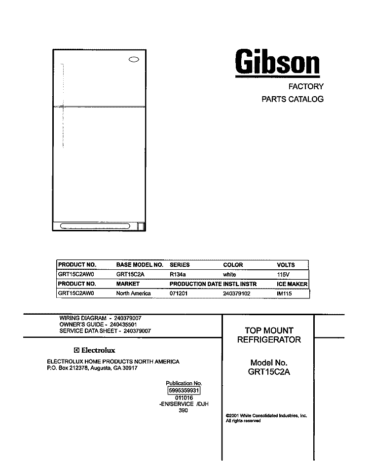 COVER Diagram and Parts List for GRT15C2AW0  Gibson Refrigerator