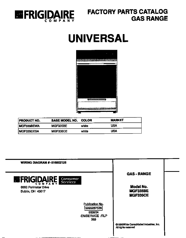 COVER Diagram and Parts List for MGF335CESA  Frigidaire Range