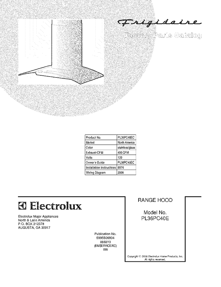 COVER Diagram and Parts List for PL36PC40EC  Frigidaire Range Hood