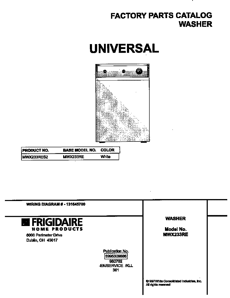 COVER Diagram and Parts List for MWX233RES2  Frigidaire Washer