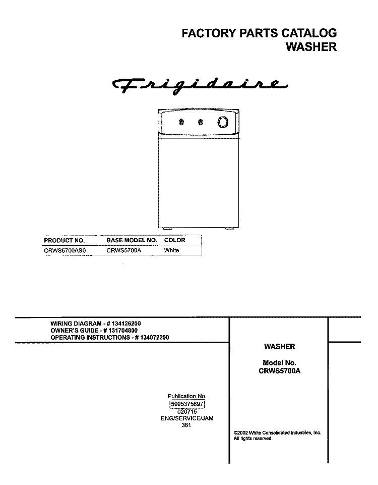 COVER Diagram and Parts List for CRWS5700AS0  Frigidaire Washer