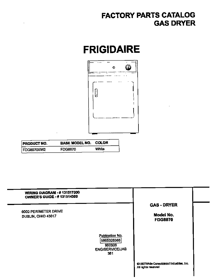 COVER Diagram and Parts List for FDG8970EW2  Frigidaire Dryer