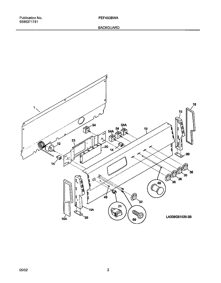 BACKGUARD Diagram and Parts List for FEF450BWA  Frigidaire Range