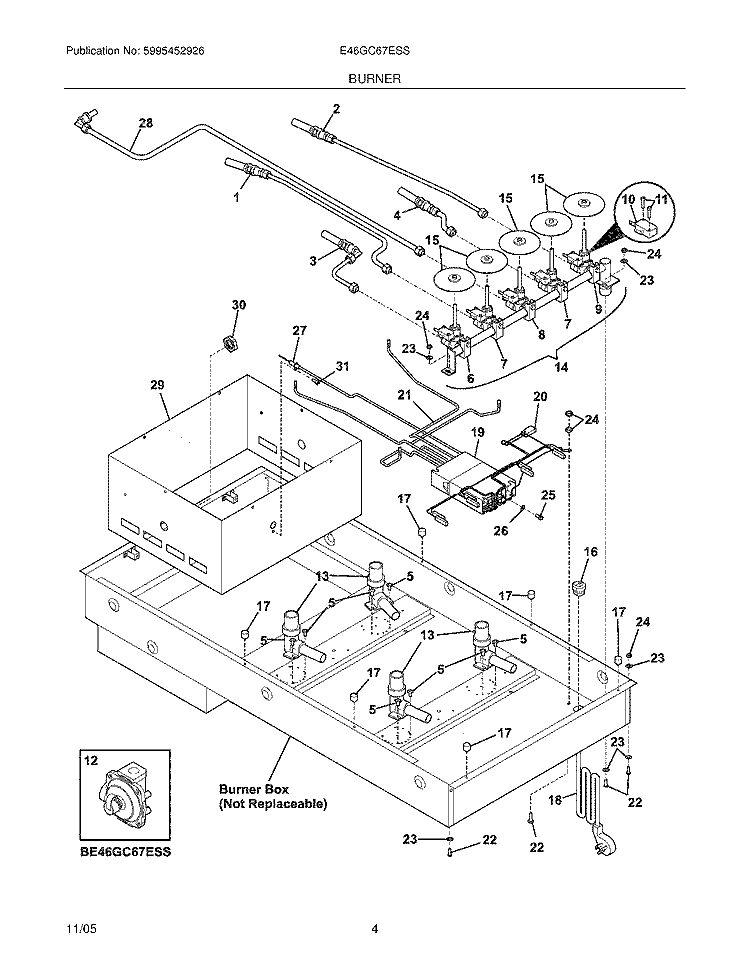 BURNER Diagram and Parts List for E46GC67ESS  Electrolux Cooktop