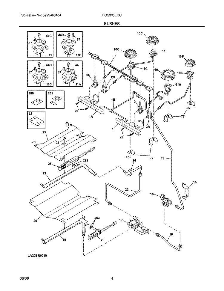BURNER Diagram and Parts List for FGS365ECC  Frigidaire Range