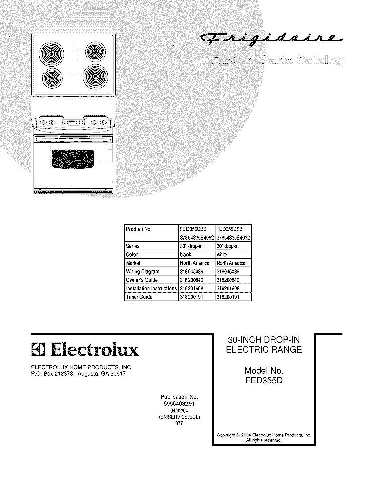 COVER Diagram and Parts List for FED355DBB  Frigidaire Range