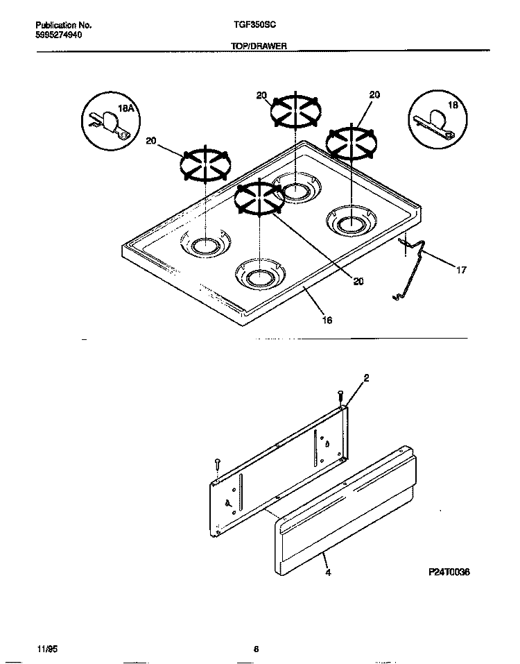 TOP / DRAWER Diagram and Parts List for TGF350SCWB  Tappan Range