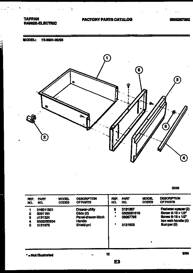 DRAWER PARTS Diagram and Parts List for 73-3951-00-03  Tappan Range