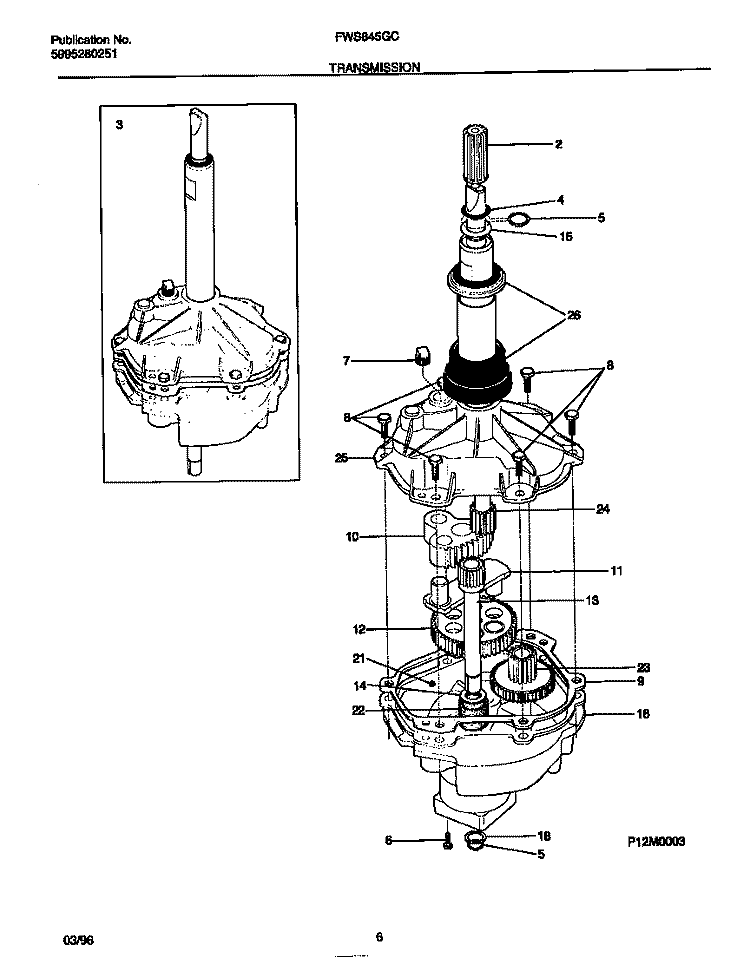 TRANSMISSION Diagram and Parts List for FWS845GCT3  Frigidaire Washer